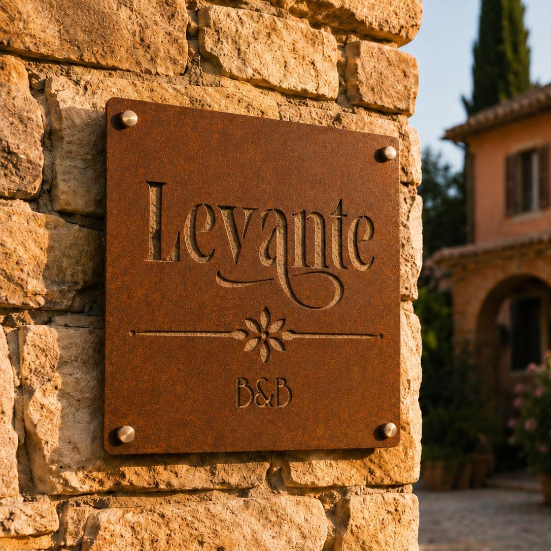 Targa quadrata in Corten con divisore a fiore