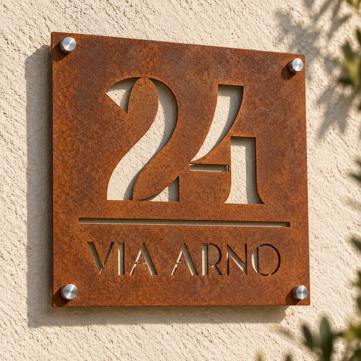 Targa numero civico in acciaio CorTen traforata al laser con numero 24 e VIA ARNO su muro chiaro