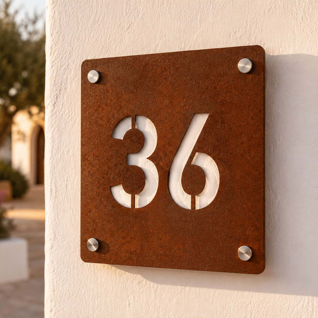 Numero civico quadrato in acciaio Corten