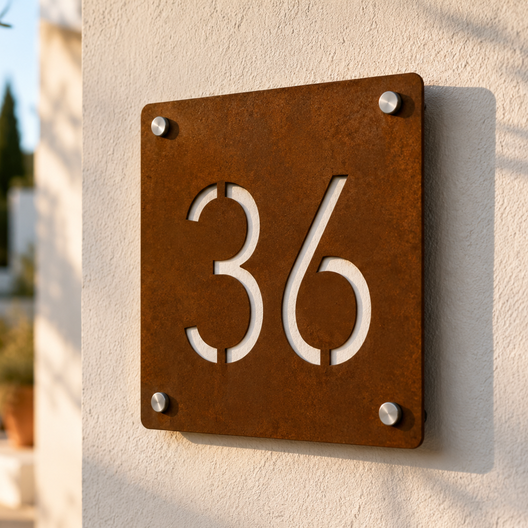Numero civico quadrato in acciaio Corten