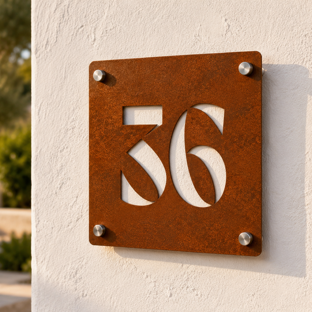Numero civico quadrato in acciaio Corten