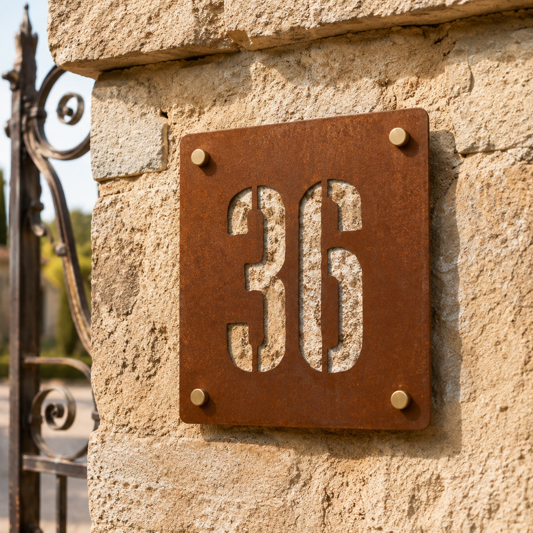 Numero civico quadrato in acciaio Corten