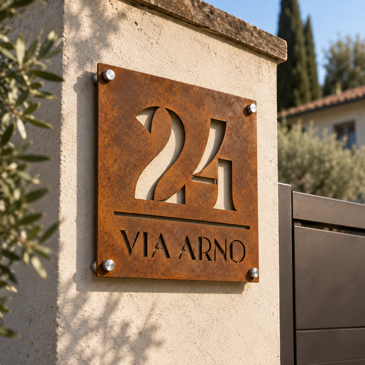 Numero civico CorTen traforato su pilastro in pietra all'ingresso di una villa