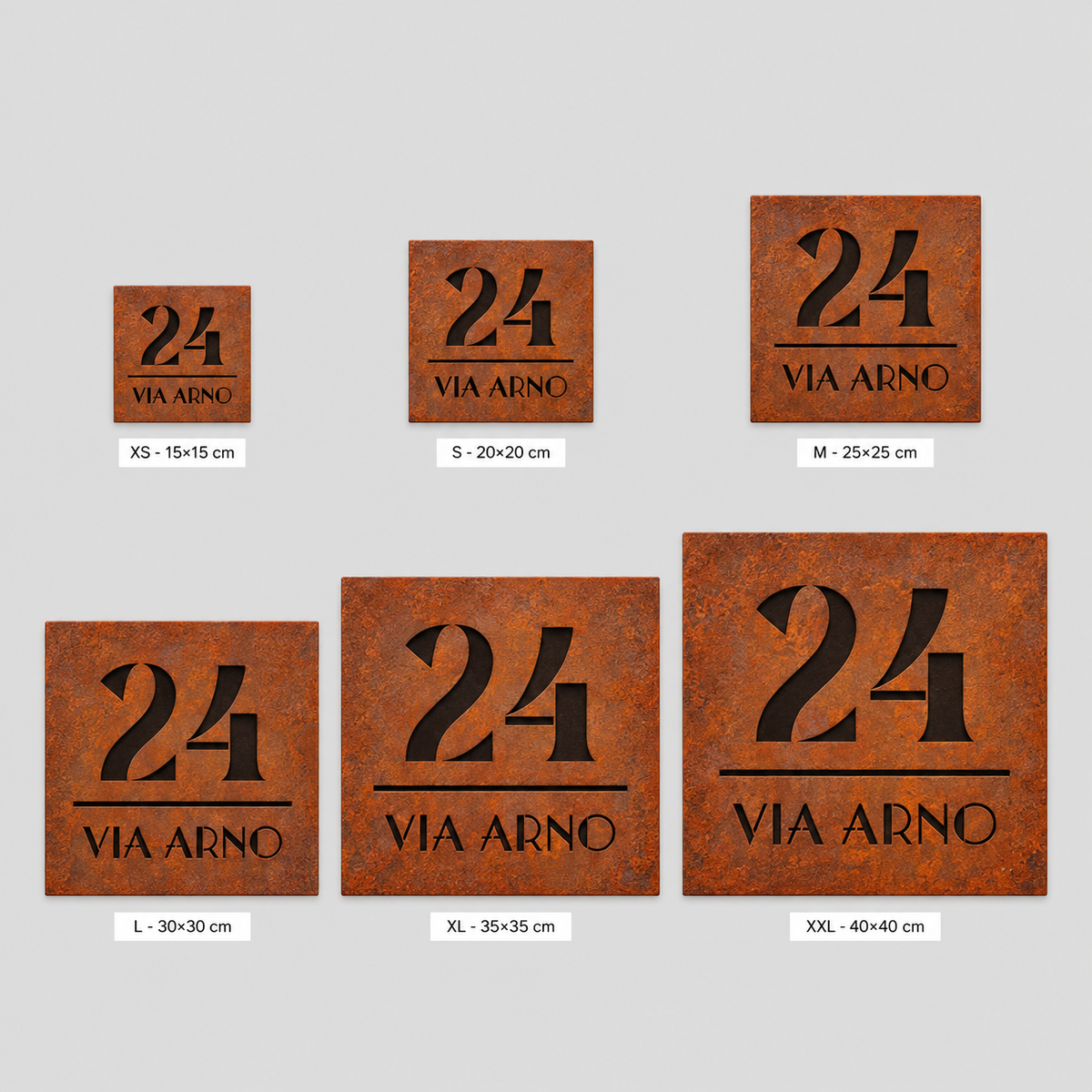 Le sei dimensioni disponibili della targa CorTen, da 15x15 a 40x40 cm
