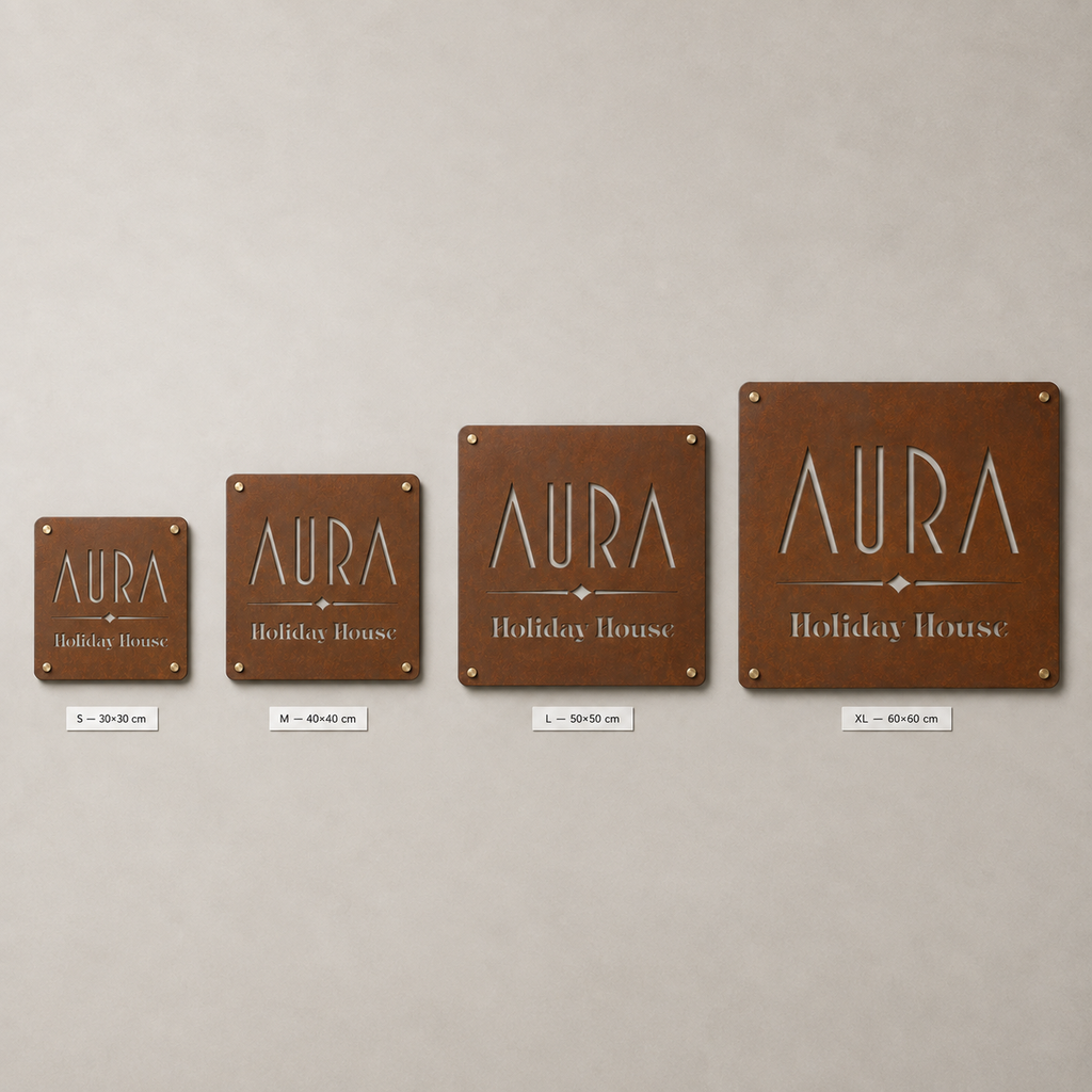 Personalisiertes CorTen-Schild im Art-déco-Stil