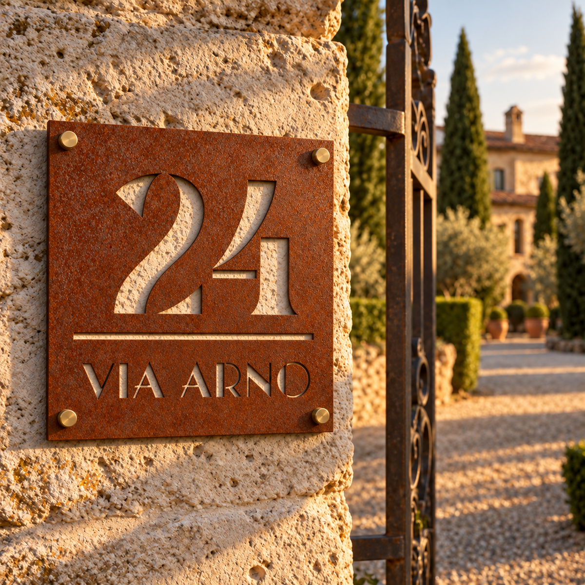 Targa CorTen con numero civico all'ingresso di una villa nella luce del tramonto