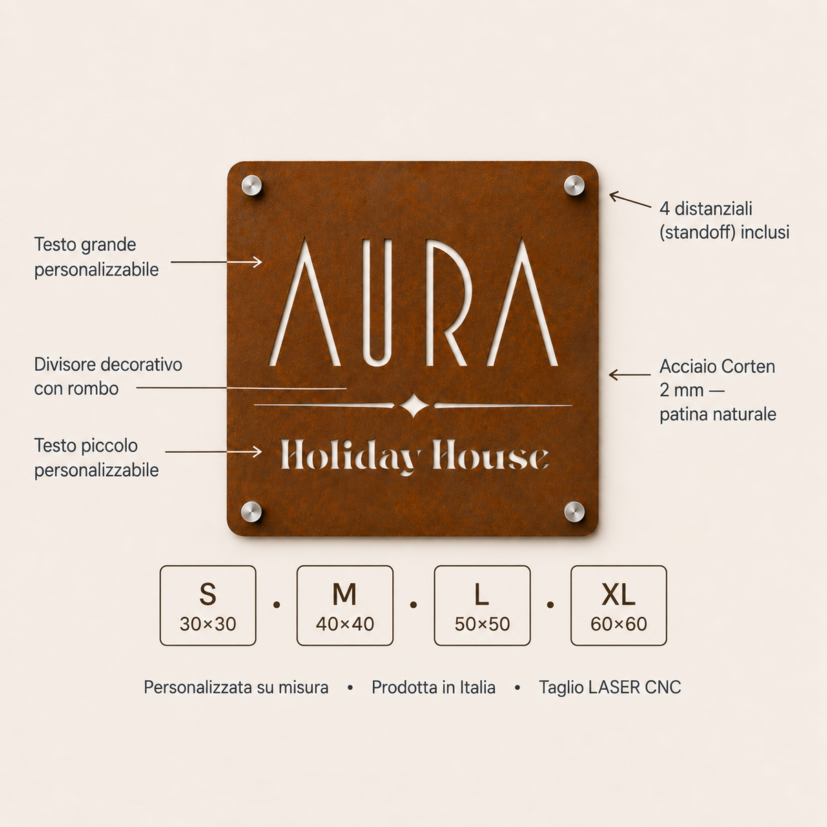 Personalisiertes CorTen-Schild im Art-déco-Stil