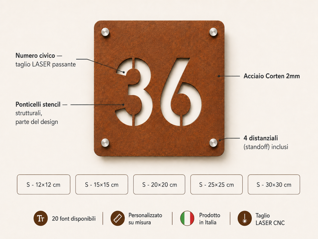Numero civico quadrato in acciaio Corten