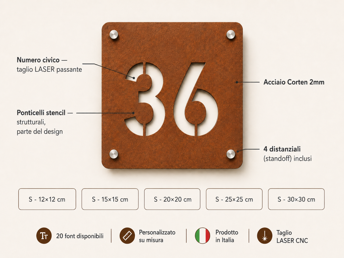 Numero civico quadrato in acciaio Corten