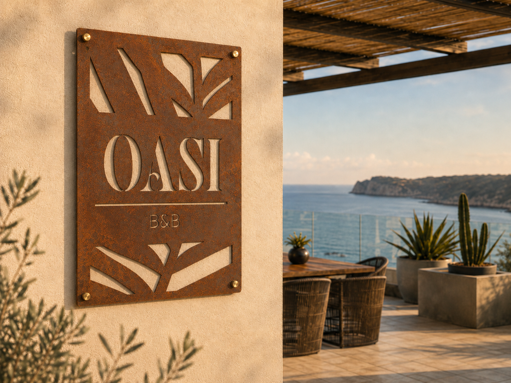 Targa verticale in Corten con palme