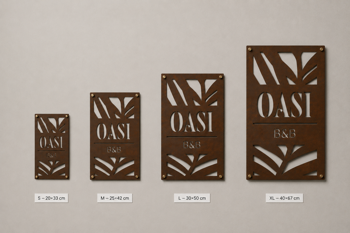 Targa verticale in Corten con palme