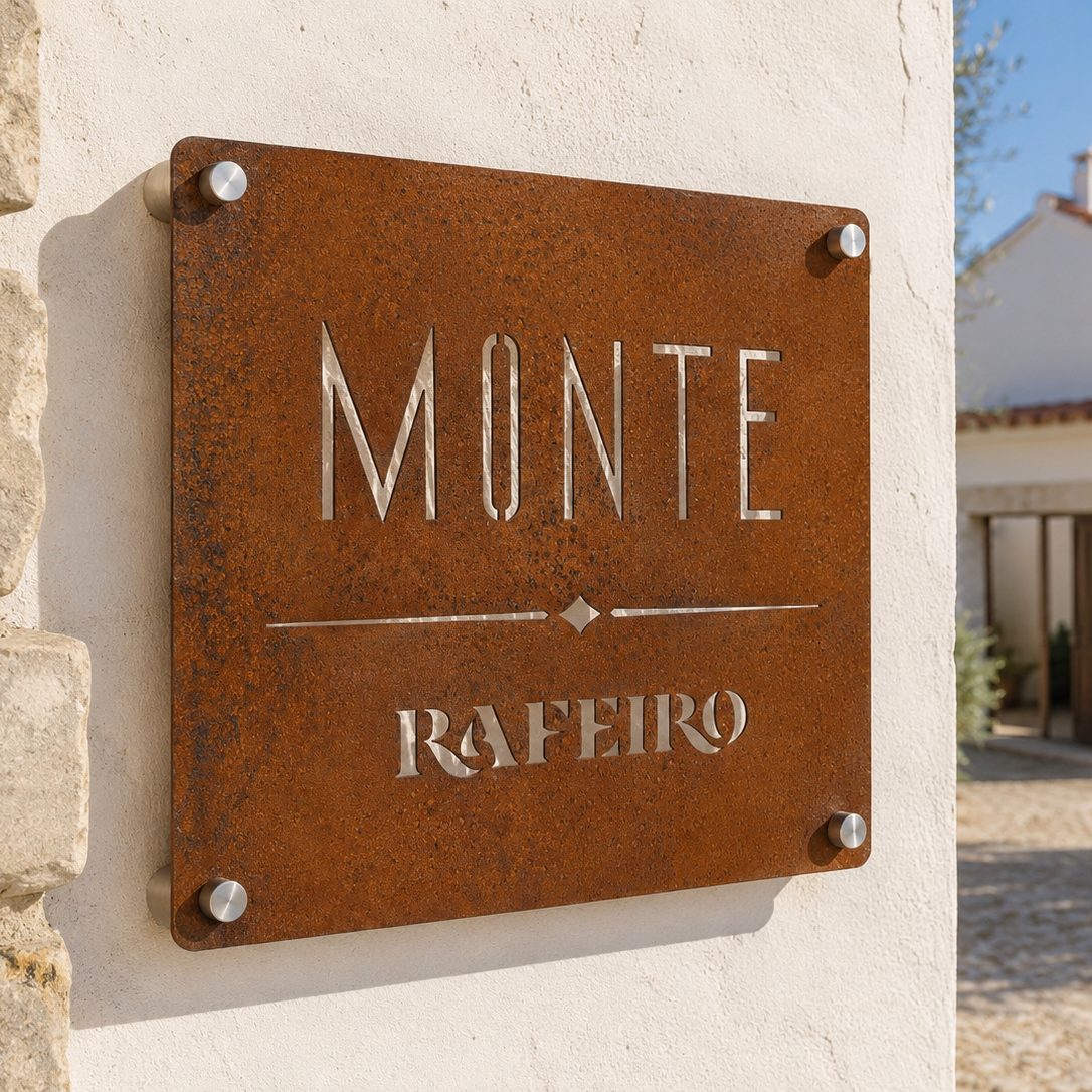 Personalisiertes CorTen-Schild im Art-déco-Stil