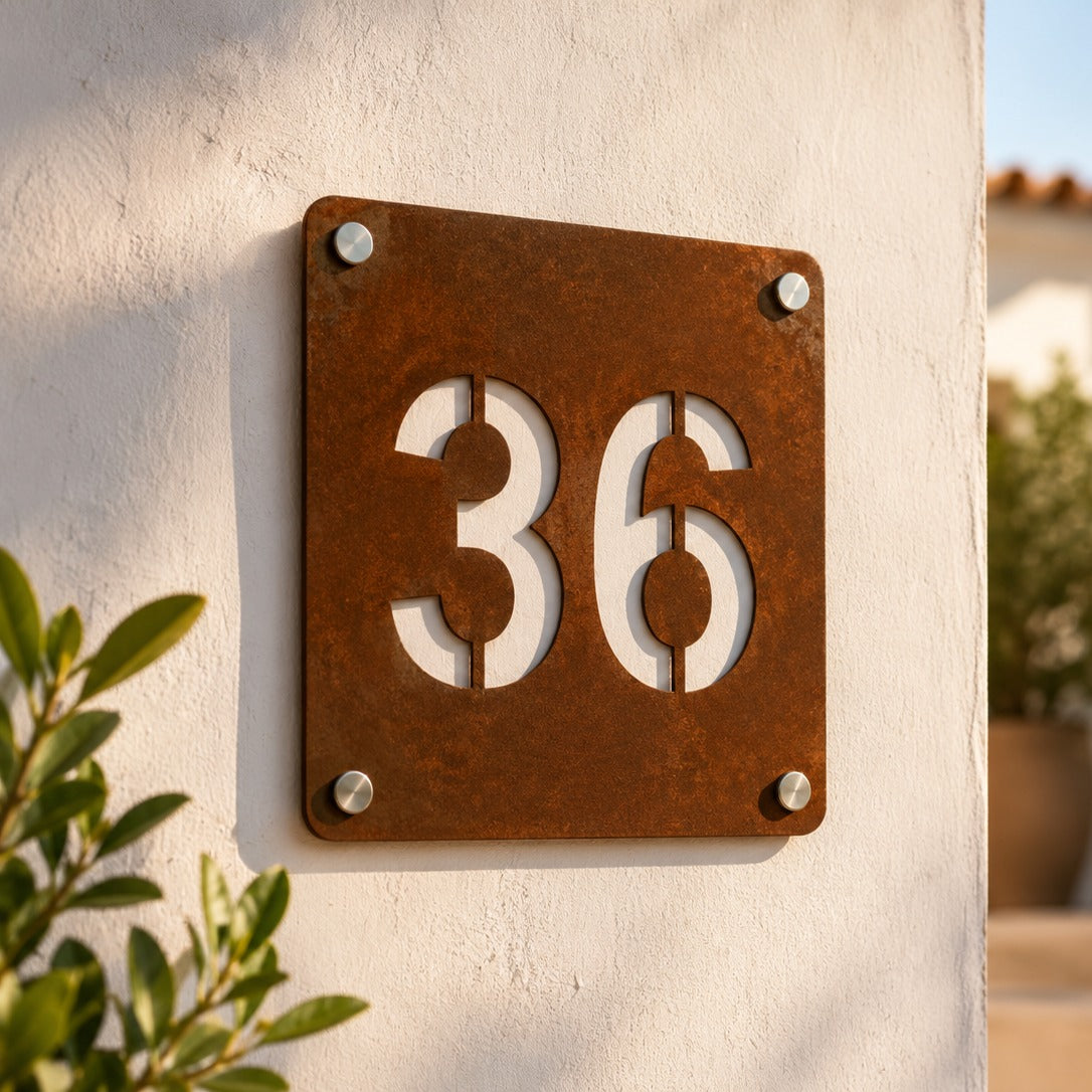 Numero civico quadrato in acciaio Corten